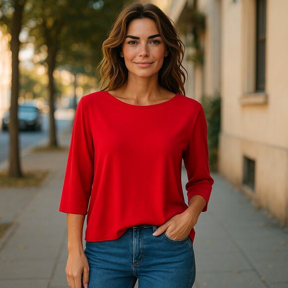 Chico's Womens Tunic Top Sz 1 8 M Red Dropped Shoulder Solid Knit - Picture 1 of 7